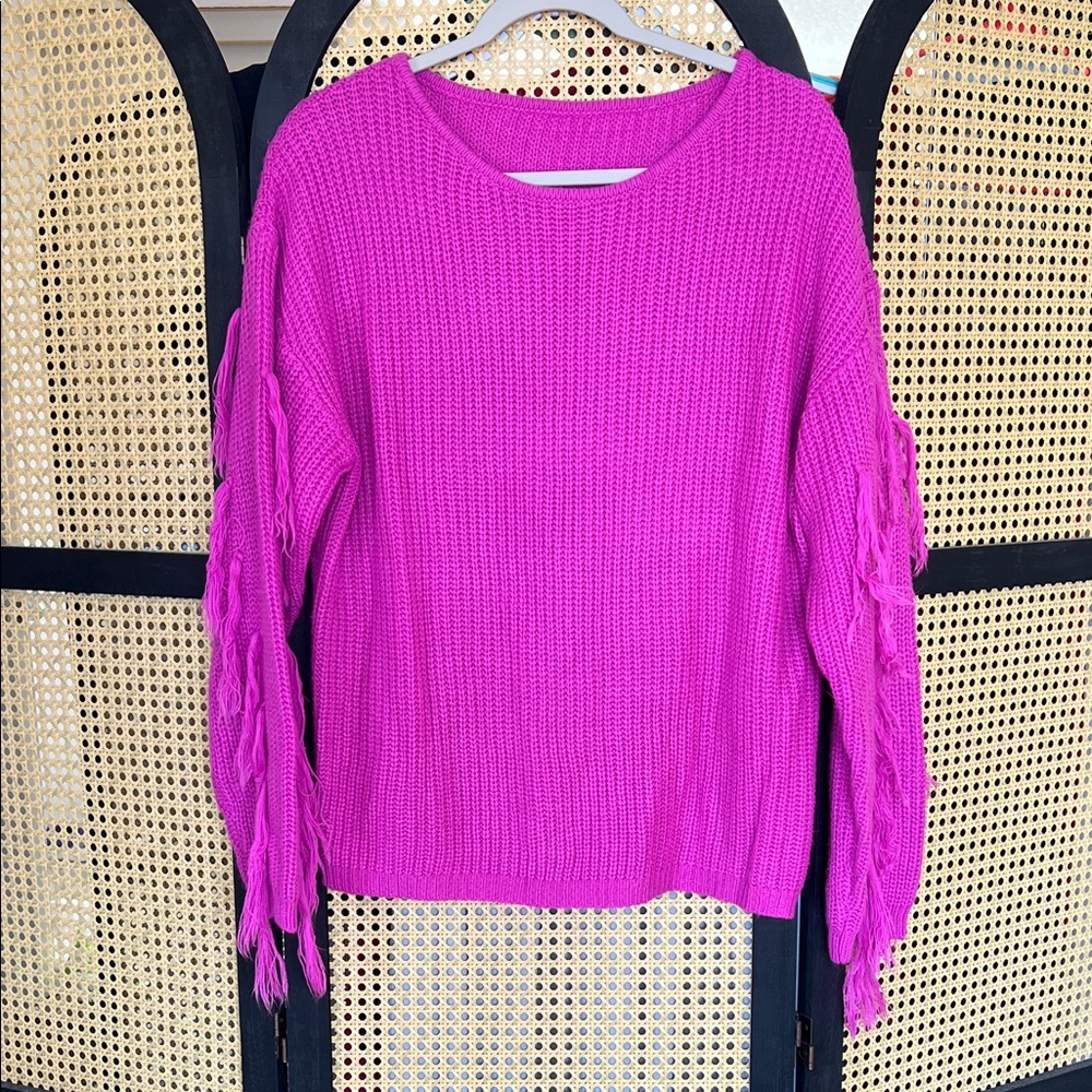 Vibrant Pink Knit Sweater with Fringe Sleeves